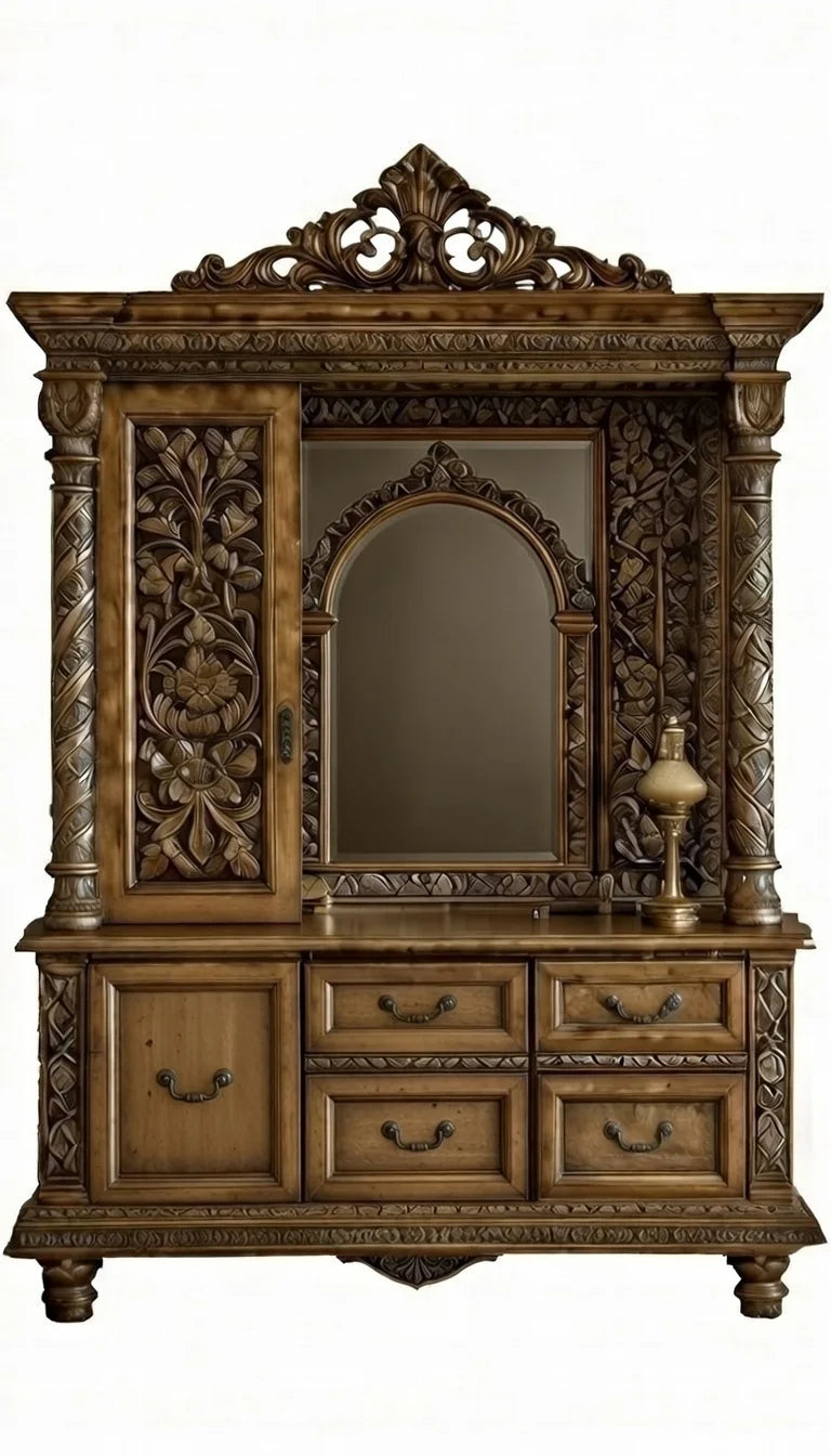 Traditional Indian hand-carved vanity dresser with an arched mirror, side storage cabinet, and gold finish