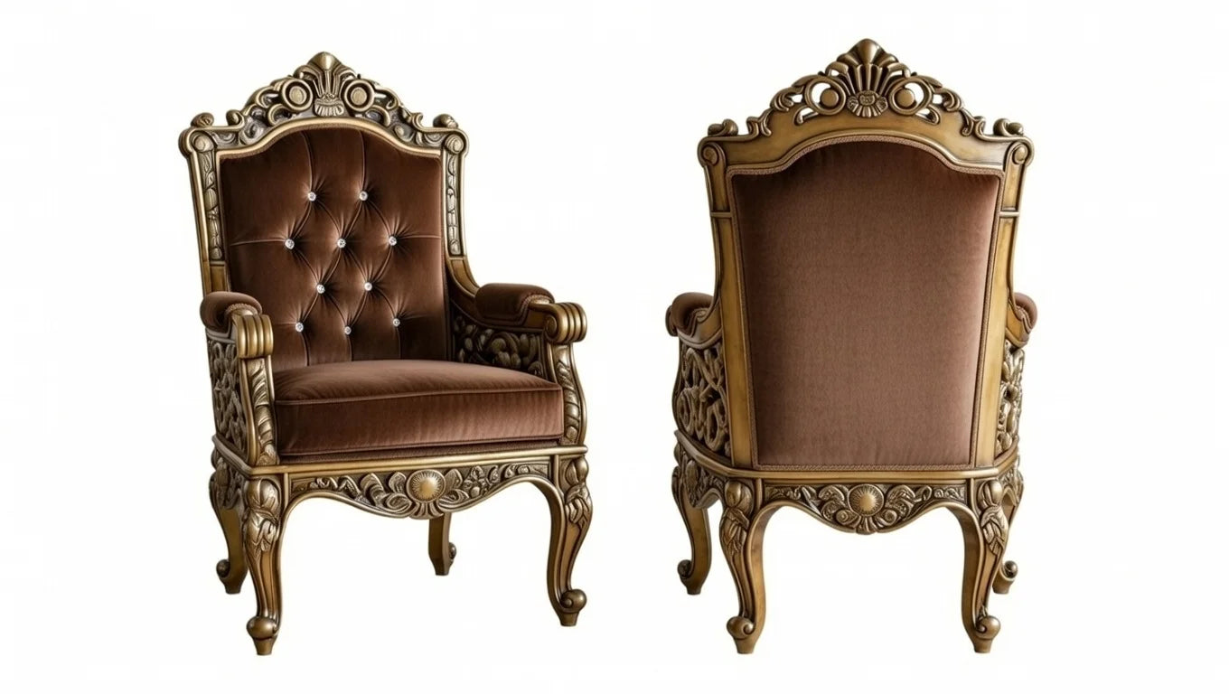 Royal high-back armchair upholstered in brown velvet with an antique gold hand-carved wooden frame.
