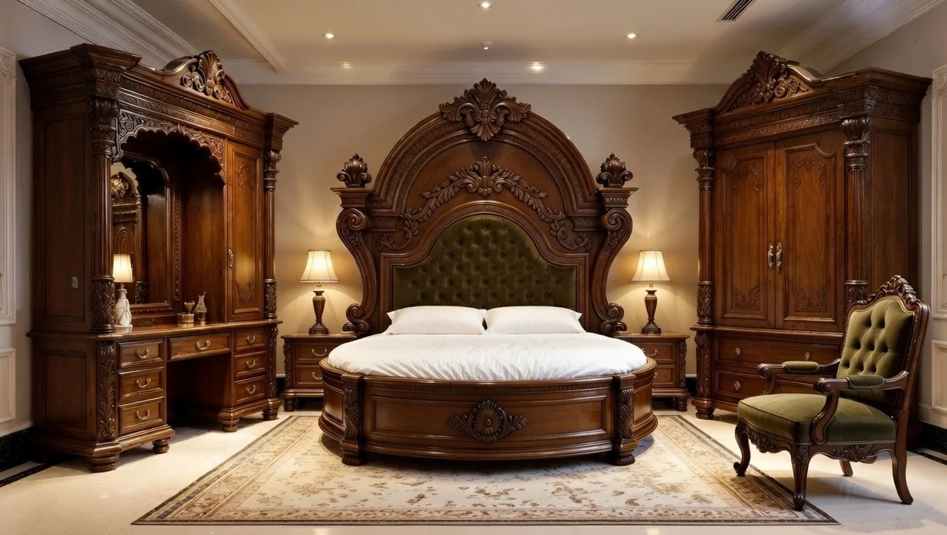 Luxury Maharaja style bedroom suite featuring a massive hand-carved round bed in dark wood with olive green velvet tufting, matching wardrobe, and dresser