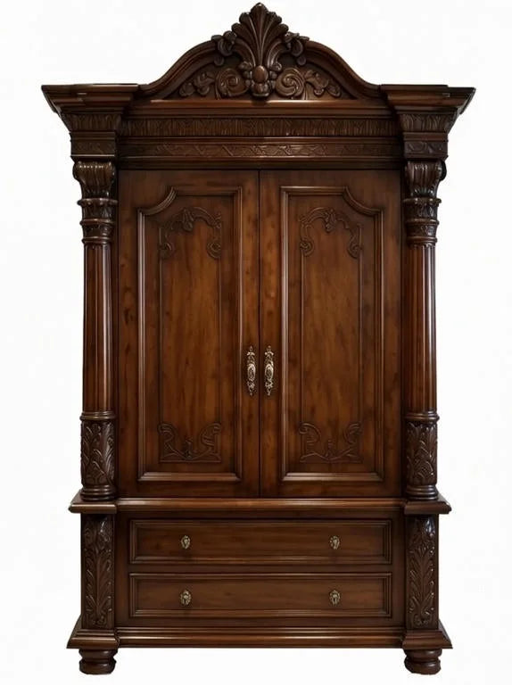 Grand solid wood armoire with two doors, two drawers, and traditional Indian pillar carving details