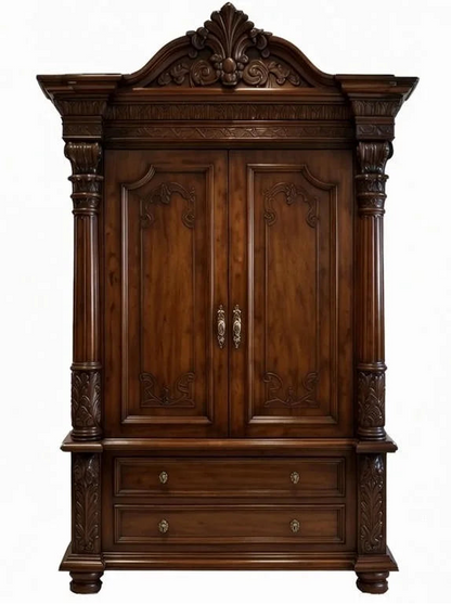 Grand solid wood armoire with two doors, two drawers, and traditional Indian pillar carving details
