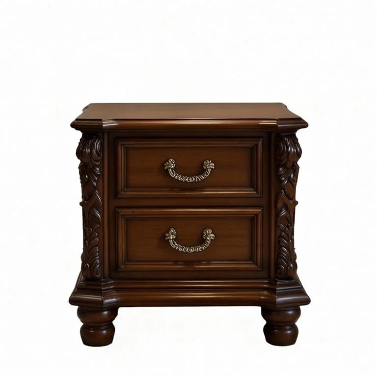 Classic dark wood bedside table with two drawers and carved pillar accents