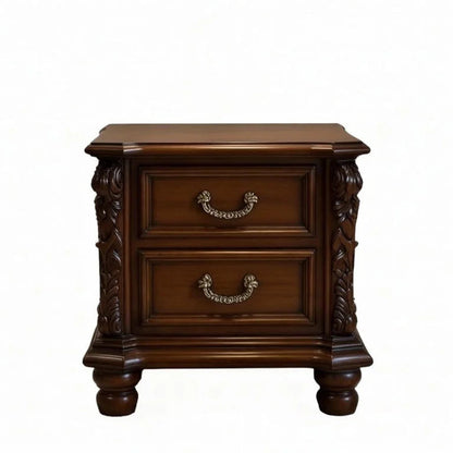 Classic dark wood bedside table with two drawers and carved pillar accents