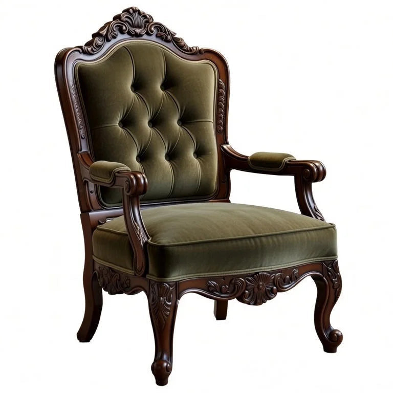 Royal wooden armchair upholstered in olive green velvet with deep button tufting and carved legs