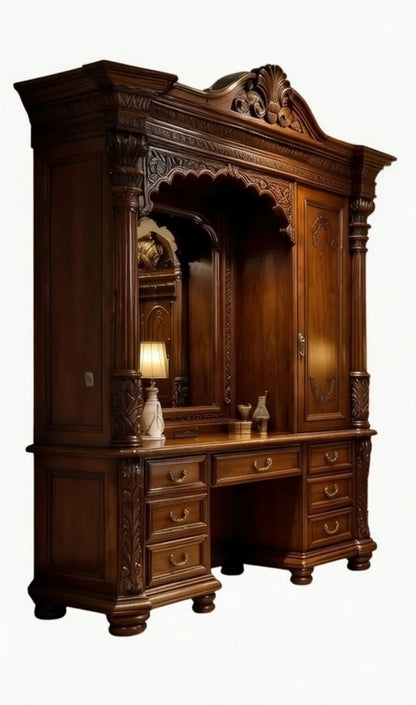 Large wooden dressing table unit with a tall mirror, side storage cabinet, and multiple drawers