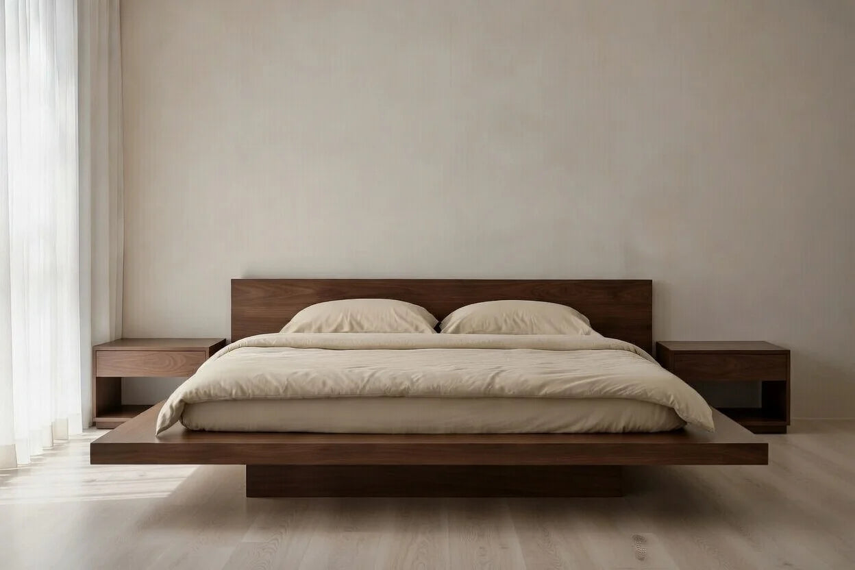 Modern contemporary floating bed frame in solid teak wood, low profile platform bed for master bedroom, minimalist luxury bedroom furniture
