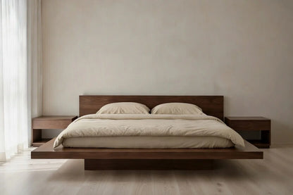 Modern contemporary floating bed frame in solid teak wood, low profile platform bed for master bedroom, minimalist luxury bedroom furniture