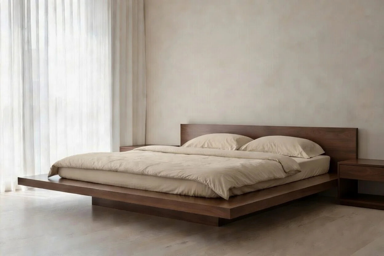 Side view of contemporary floating bed frame in solid teak wood, low platform bed for modern minimalist master bedroom