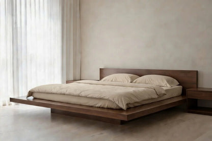 Side view of contemporary floating bed frame in solid teak wood, low platform bed for modern minimalist master bedroom