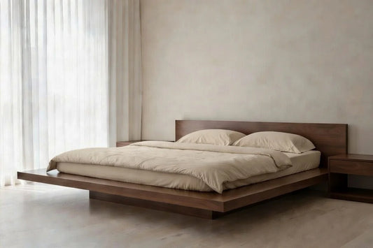 Side view of contemporary floating bed frame in solid teak wood, low platform bed for modern minimalist master bedroom