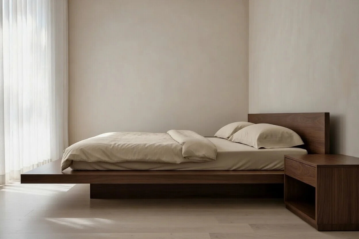 Low profile teak wood floating bed frame with matching nightstands, modern contemporary platform bed for luxury master bedroom