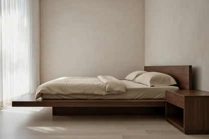 Low profile teak wood floating bed frame with matching nightstands, modern contemporary platform bed for luxury master bedroom