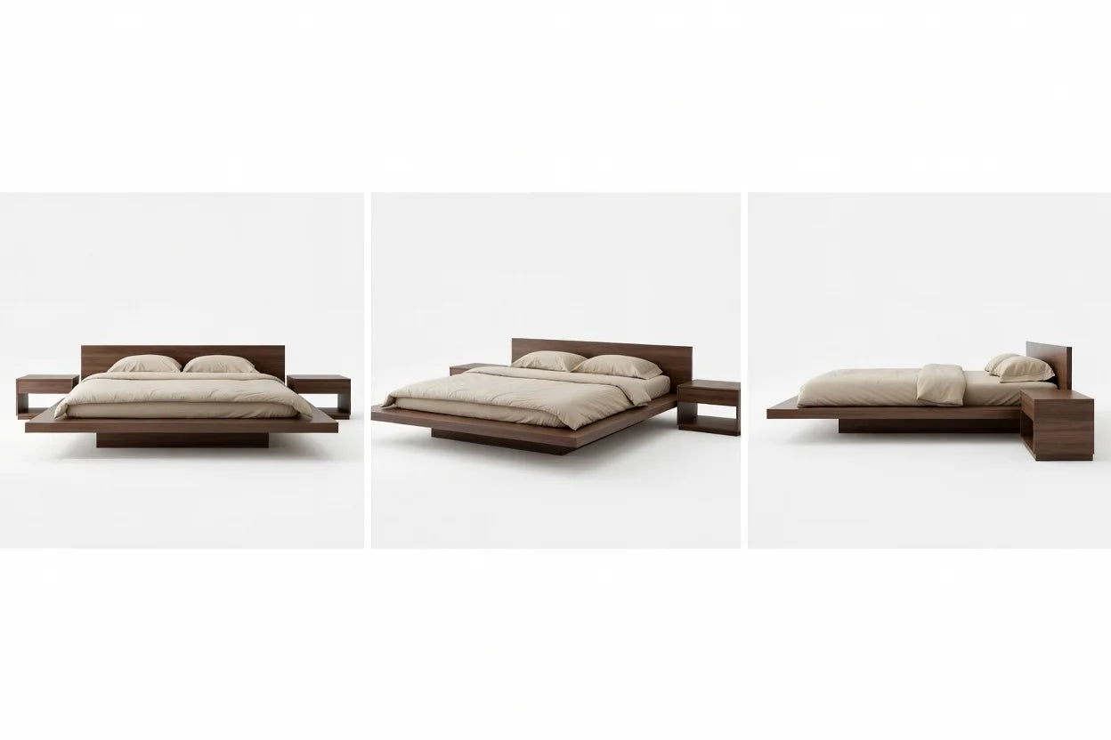 Modern floating platform bed in teak wood shown from front, side and perspective views, low profile minimalist bed frame design
