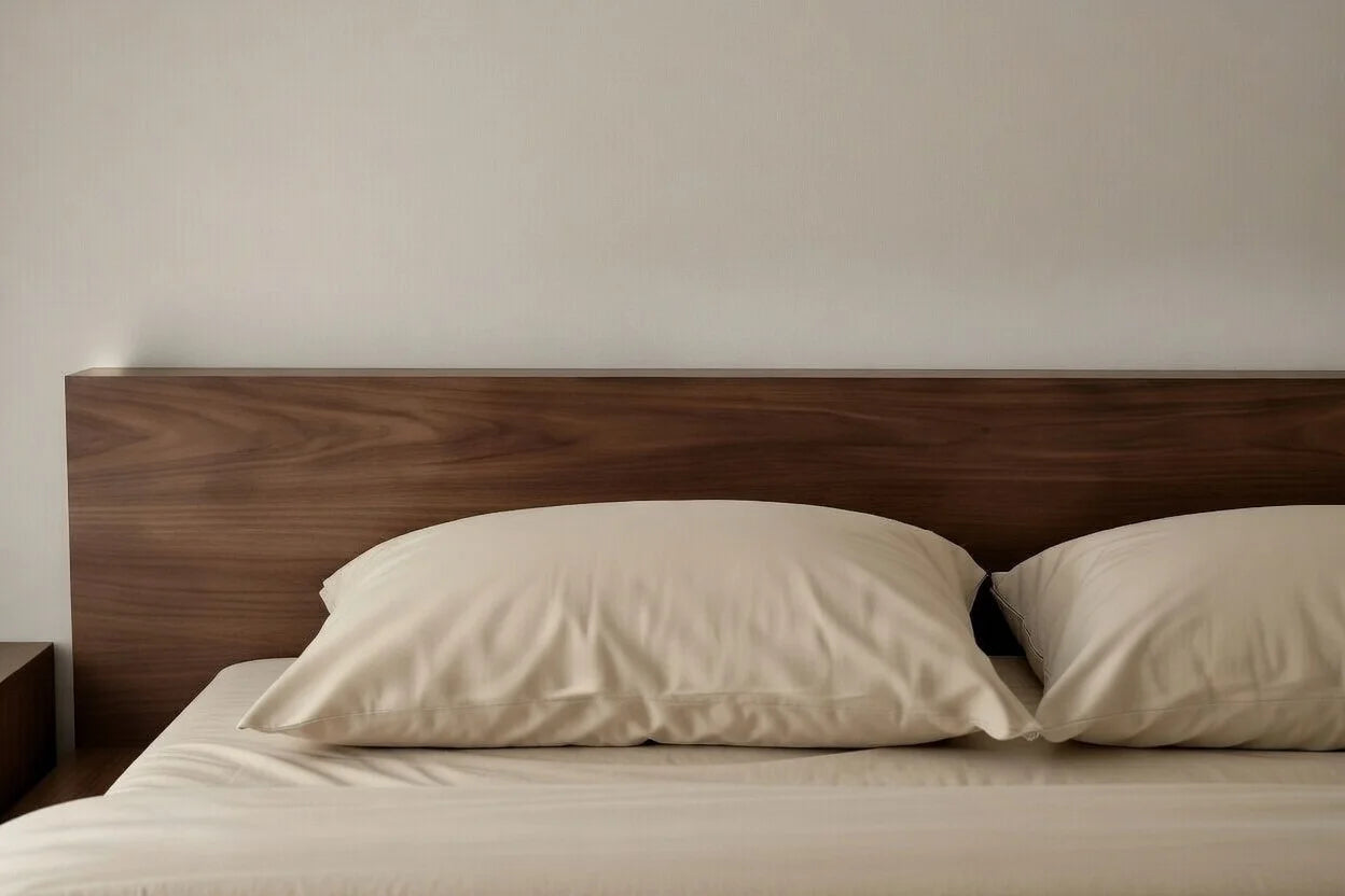 Minimalist teak wood headboard detail of modern floating bed frame, solid wood platform bed for contemporary interiors