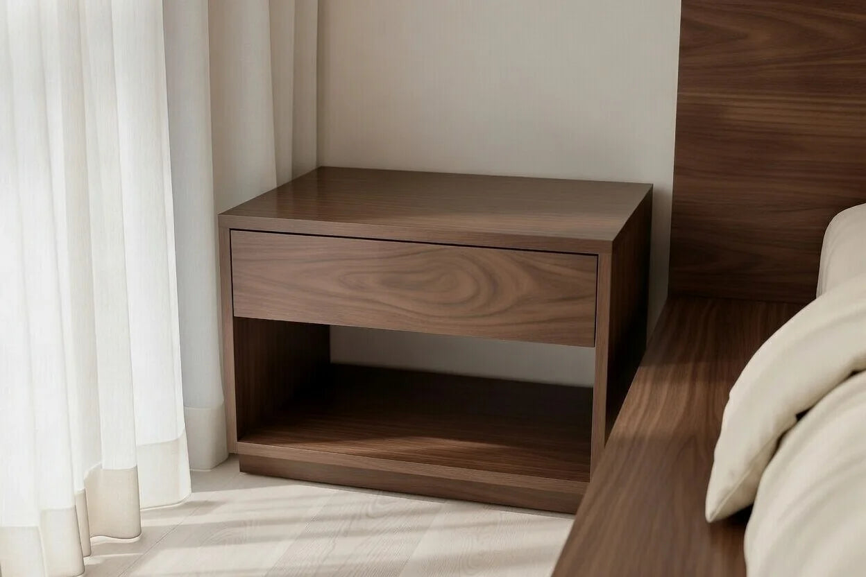 Matching teak wood floating nightstand with drawer beside modern floating bed frame, minimalist luxury bedroom furniture set