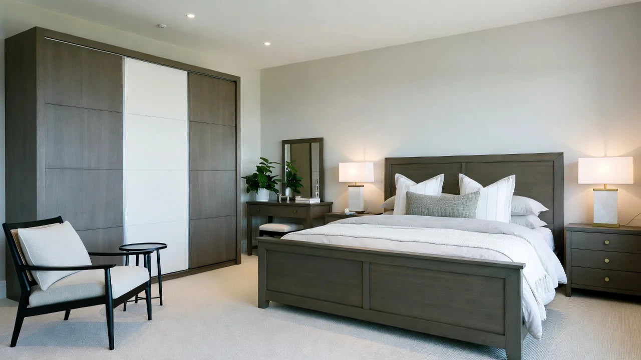 Modern minimalist gray wood bedroom set with sliding wardrobe, king bed, nightstands and neutral accents