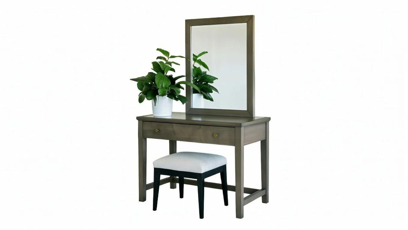 Contemporary gray wood dressing table with mirror, drawers and upholstered stool from minimalist bedroom set