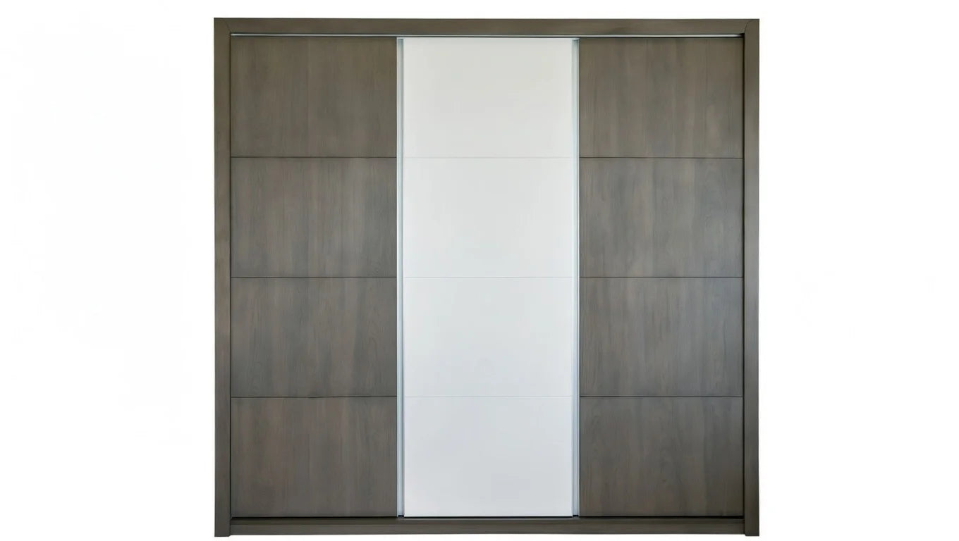 Modern sliding door wardrobe in gray wood with white center panel for minimalist bedroom storage