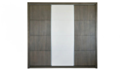 Modern sliding door wardrobe in gray wood with white center panel for minimalist bedroom storage