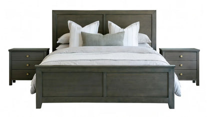 Minimalist gray wood king size panel bed with matching three-drawer nightstands