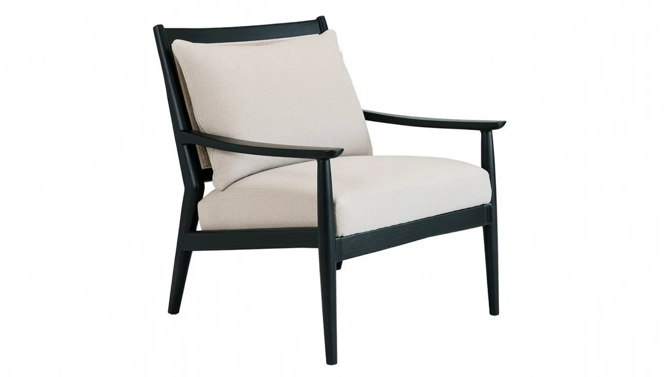 Elegant beige fabric upholstered accent chair with black wood frame for minimalist bedroom