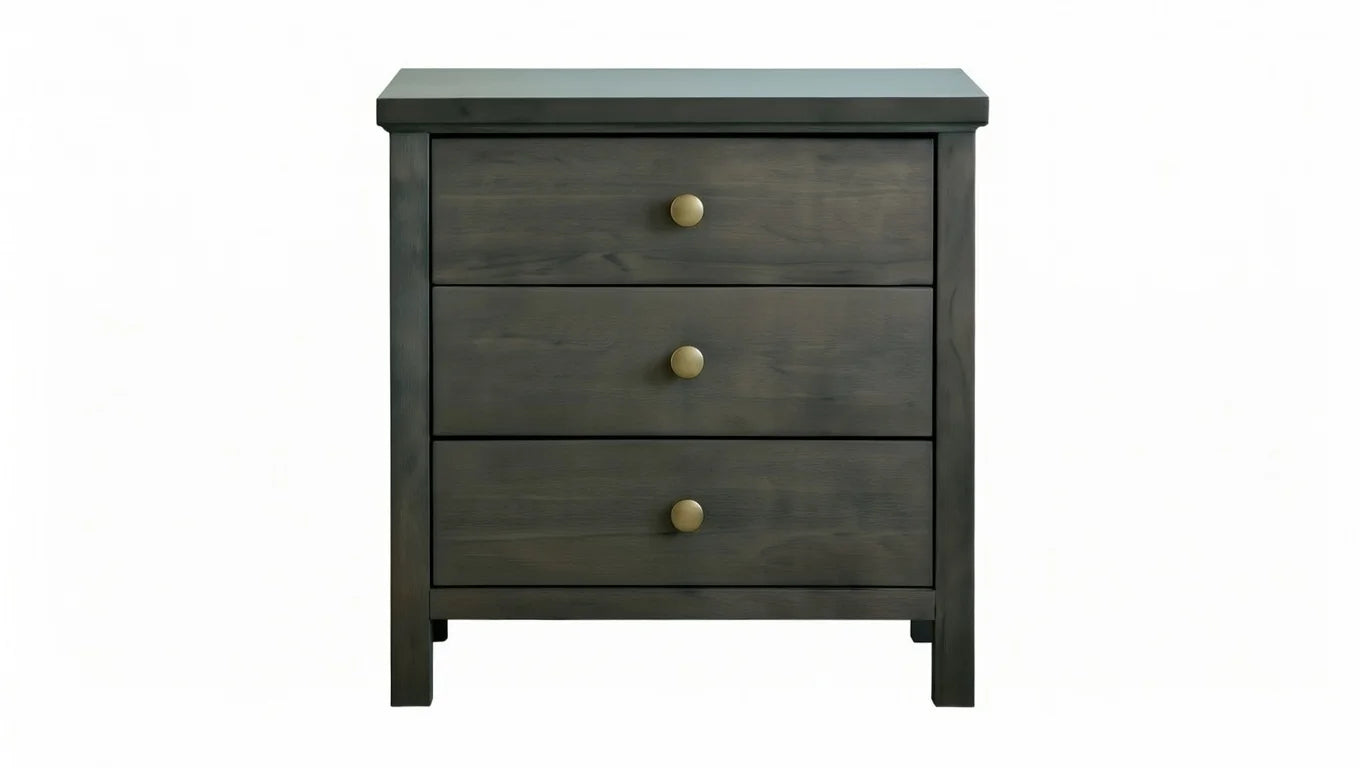 Modern gray wood bedside table with three drawers and gold knobs from king bedroom set