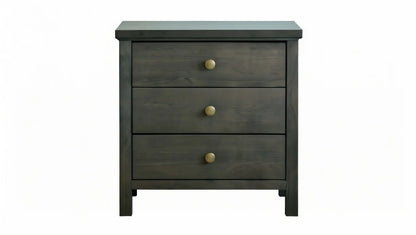 Modern gray wood bedside table with three drawers and gold knobs from king bedroom set