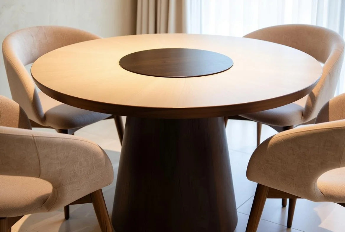 Luxury round walnut dining table top view showing flush dark Lazy Susan rotating center, rich natural wood grain, contemporary circular design