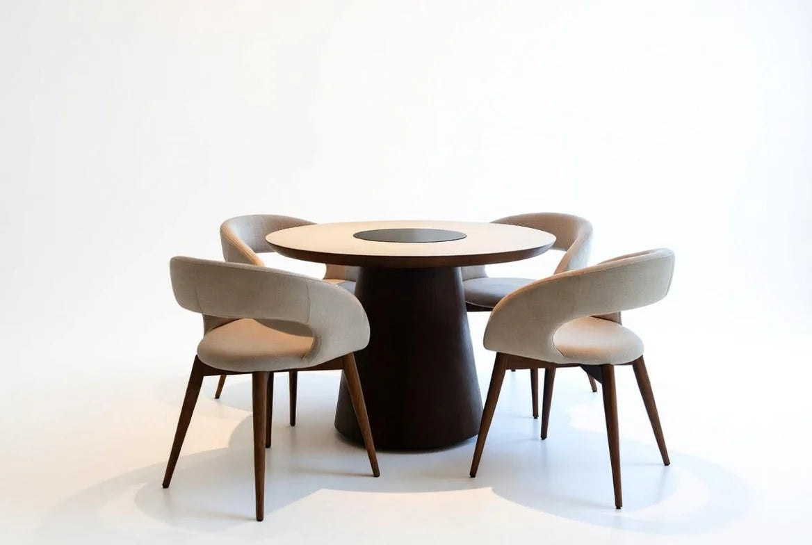 Elegant round solid walnut dining table with built-in rotating Lazy Susan, paired with 4 beige curved armchairs 