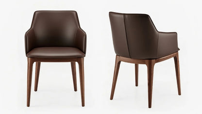 Luxury brown leather dining armchair with contoured curved back, padded seat, and tapered solid walnut legs – front and rear views
