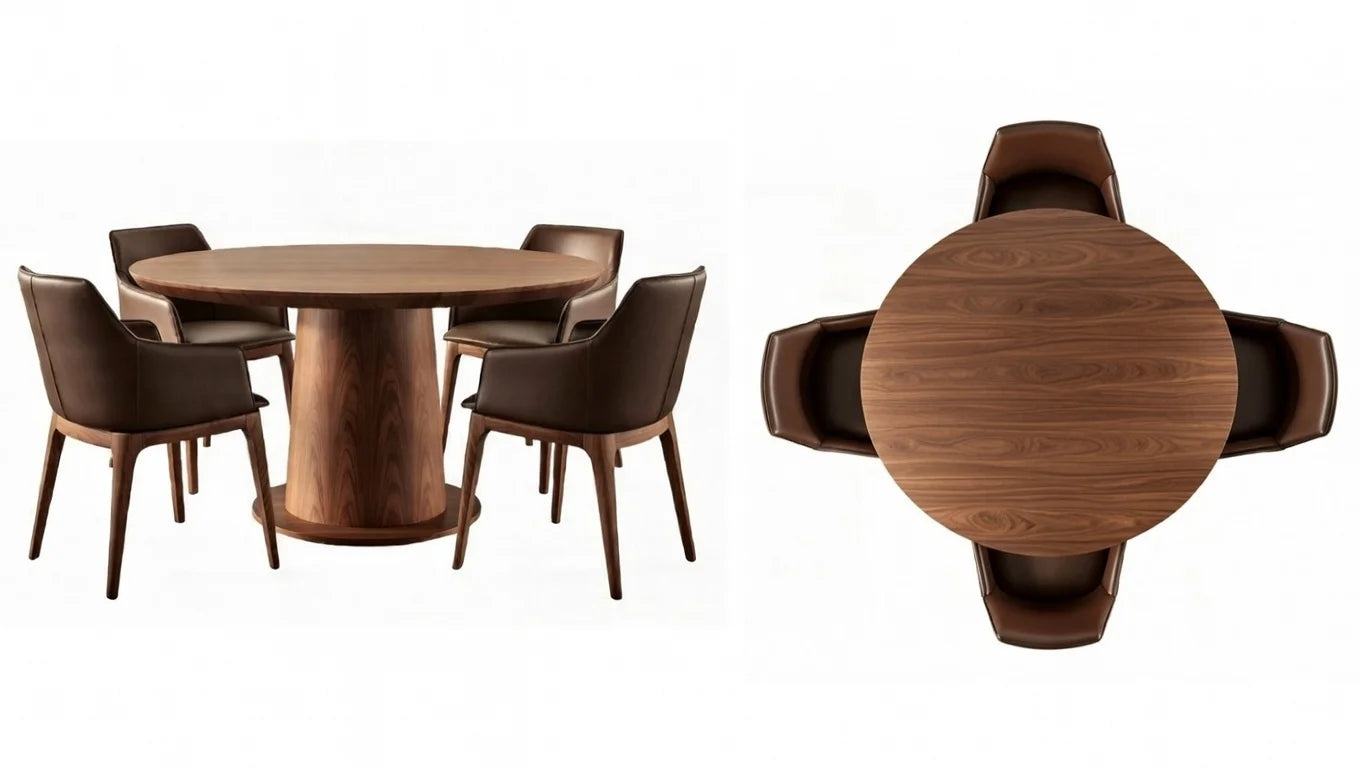 Elegant round solid walnut dining table on sculptural cylindrical pedestal base, paired with brown leather armchairs – side view and top-down overhead perspective