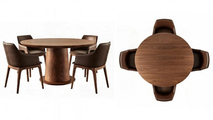 Elegant round solid walnut dining table on sculptural cylindrical pedestal base, paired with brown leather armchairs – side view and top-down overhead perspective