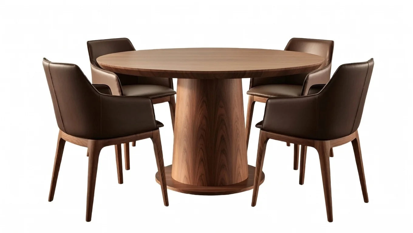 Modern round walnut dining table with wide pedestal base, surrounded by four brown leather curved armchairs.