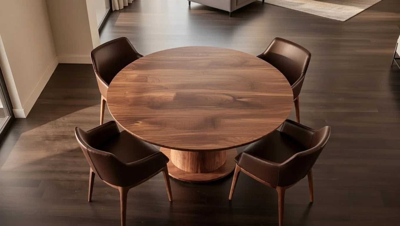 Overhead view of modern walnut round dining table with rich grain top and wide pedestal, encircled by four luxurious brown leather armchairs in a sophisticated interior
