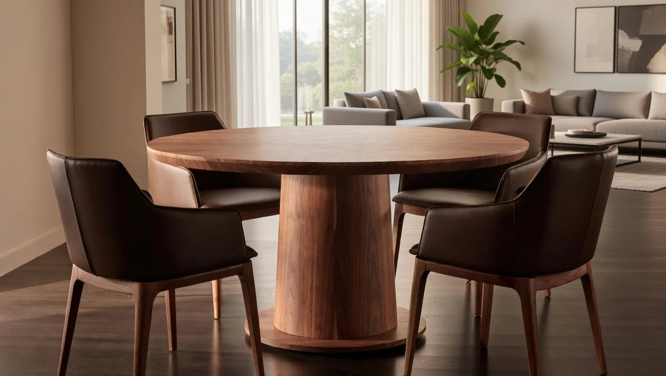 Modern round walnut dining table with wide pedestal base, surrounded by four brown leather curved armchairs in a bright contemporary open-plan living-dining space
