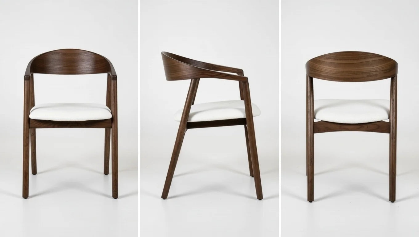 Solid walnut curved arm dining chair with open back, mid-century modern design, white upholstered seat – front, side, and back views