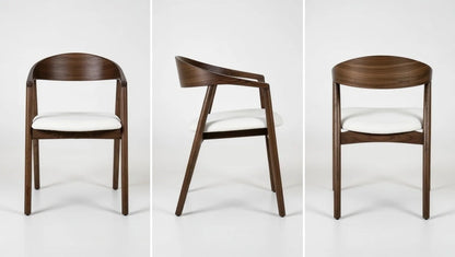 Solid walnut curved arm dining chair with open back, mid-century modern design, white upholstered seat – front, side, and back views