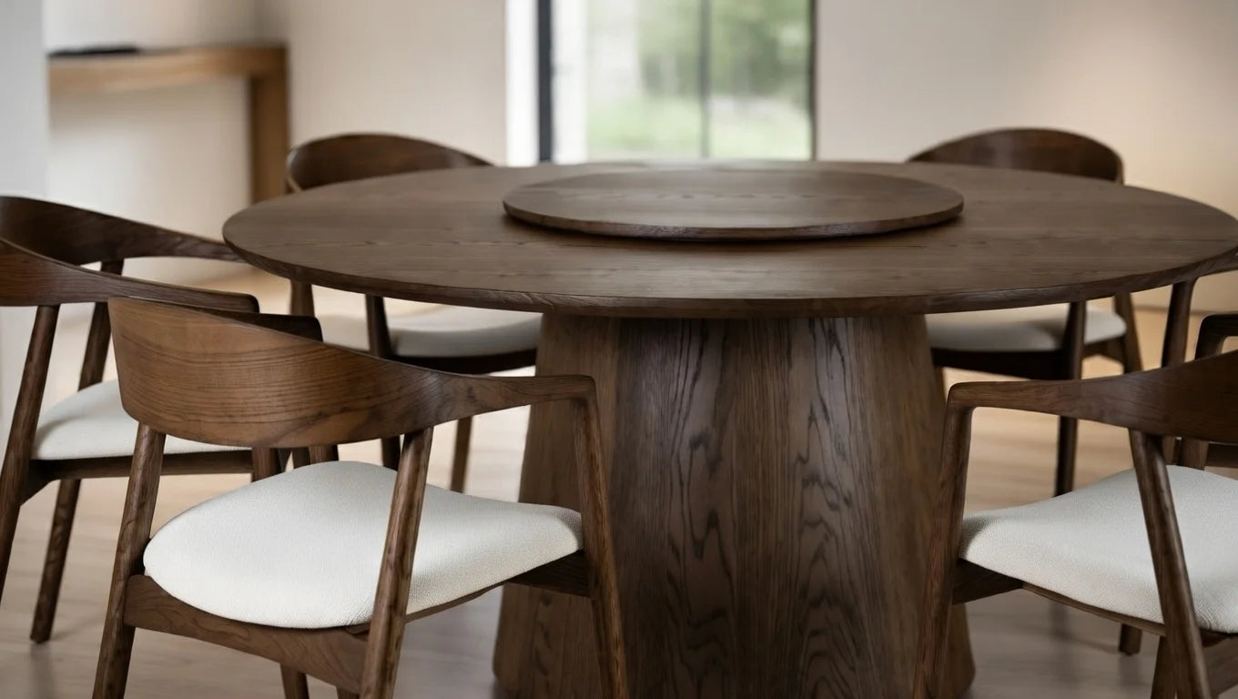 Close-up of handcrafted round walnut dining table featuring lazy Susan turntable and sculptural pedestal base, surrounded by ergonomic curved arm chairs