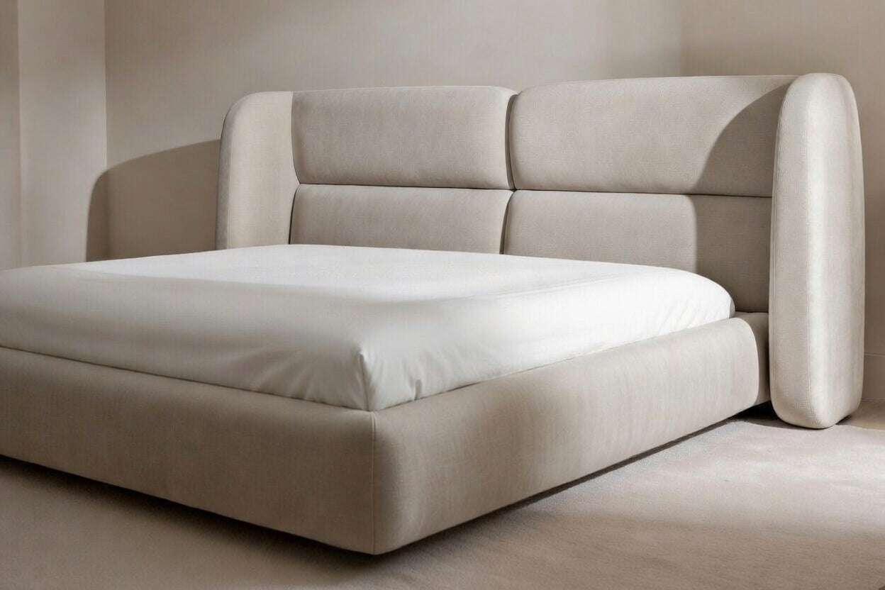 Contemporary upholstered shelter bed with low platform frame and clean lines, designer modern bed for luxury master bedroom