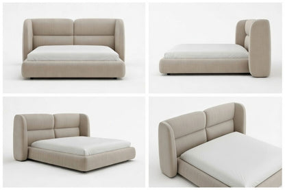 Modern upholstered shelter bed shown from multiple angles, minimalist platform bed with wingback headboard for contemporary bedrooms
