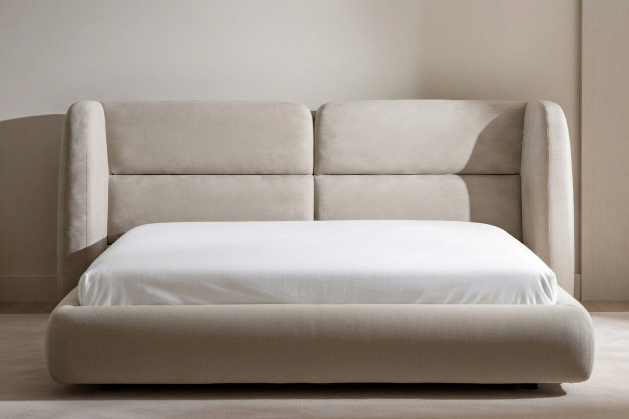 Luxury modern upholstered shelter bed with curved wingback headboard and low platform base, minimalist contemporary bed frame for high-end bedrooms
