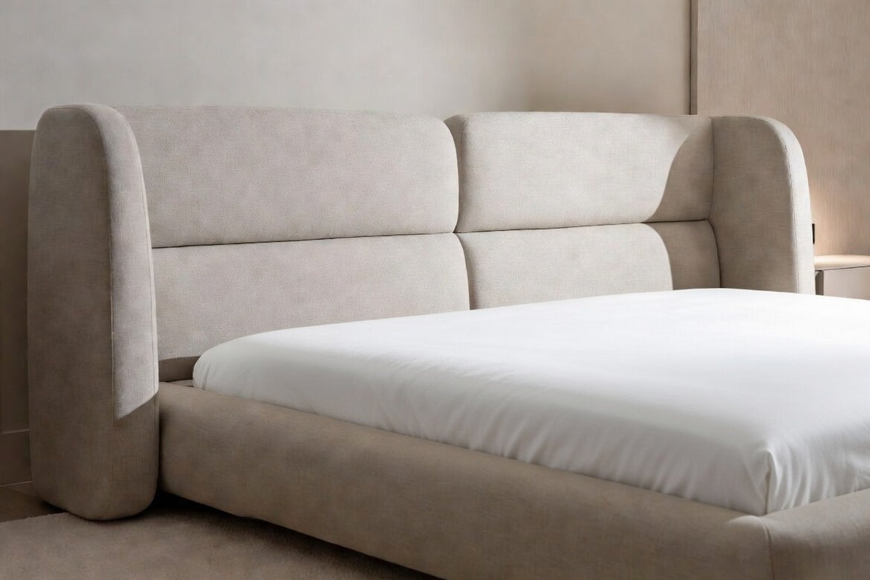 Modern luxury shelter bed with sculpted wingback headboard and upholstered frame, contemporary platform bed design for minimalist interiors