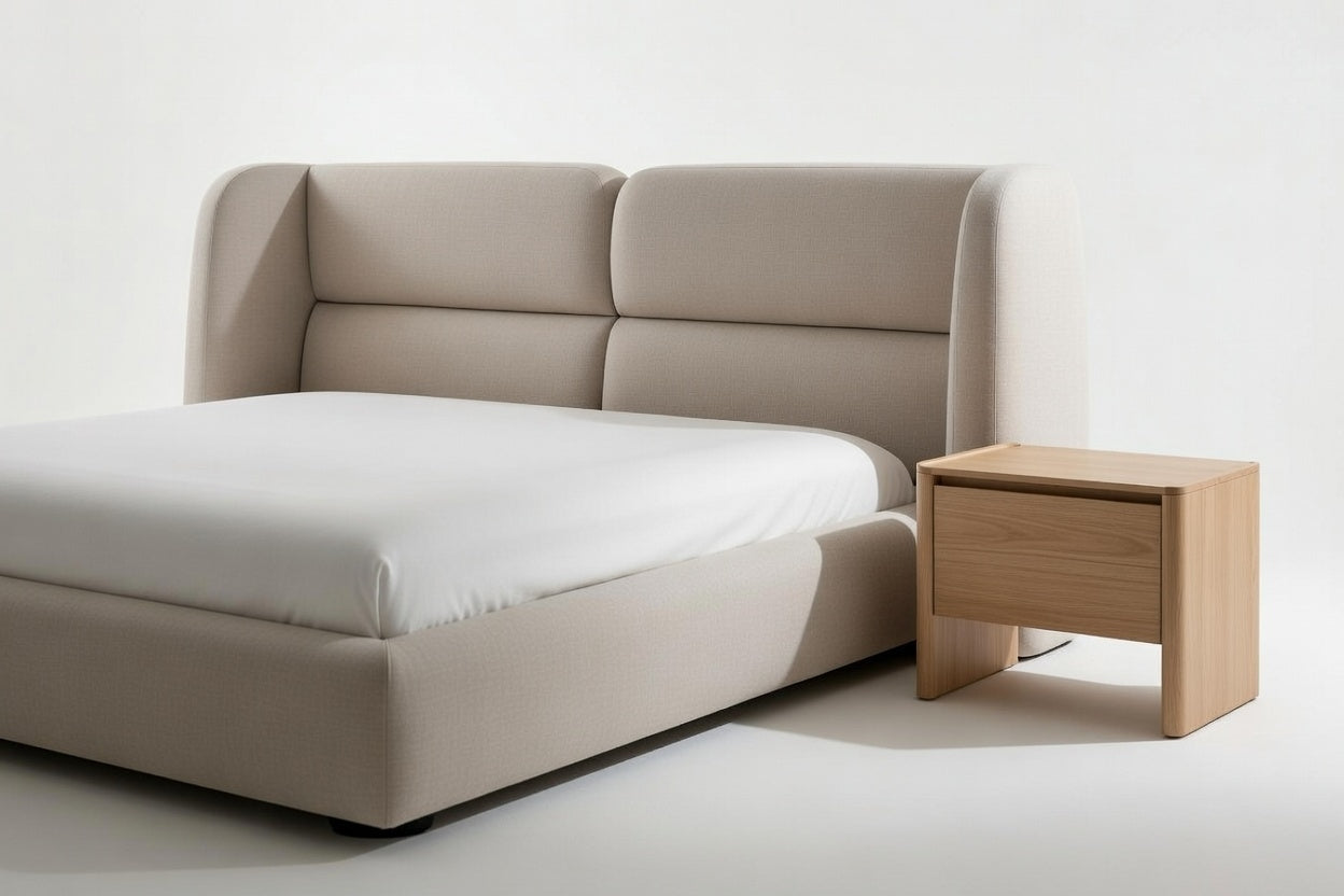 Luxury modern shelter bed with matching wood nightstand, upholstered platform bed in contemporary bedroom setting