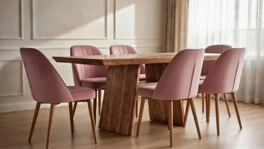 Modern rectangular live edge walnut dining table with unique angular pedestal base, paired with four blush pink velvet dining chairs in a bright contemporary dining room