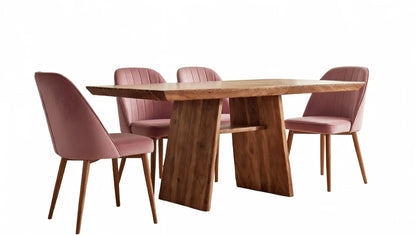 Luxurious rectangular walnut dining table with organic live edge and modern angular base, surrounded by blush pink velvet chairs with tapered wooden legs