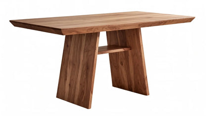 Handcrafted solid walnut rectangular dining table featuring live edge top and sculptural geometric pedestal base with open shelf, natural wood grain detail