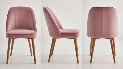 Blush pink velvet dining chair with channel-tufted back, curved seat, and mid-century tapered walnut legs – front, side, and back perspectives