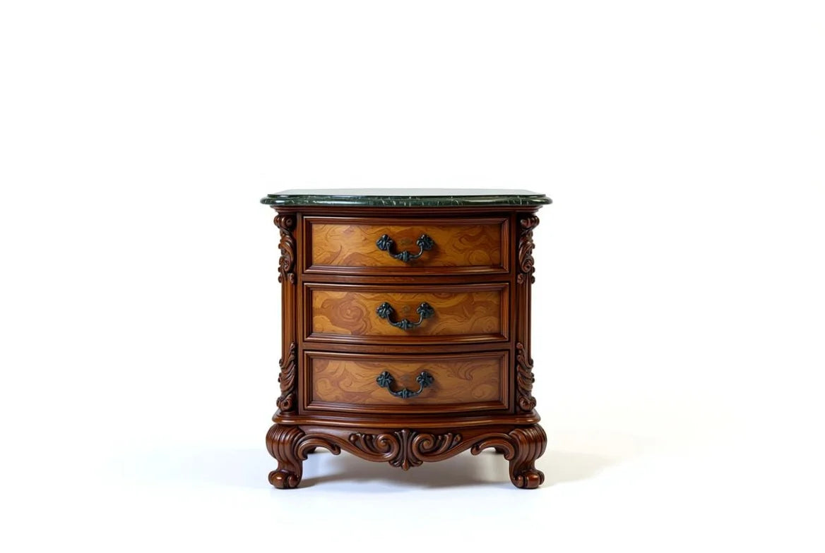 Monarch mahogany hand-carved nightstand with green marble top and ornate Rococo details from luxury Louis XV bedroom set