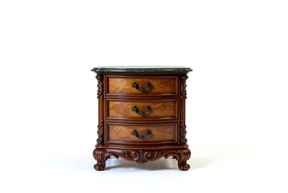 Monarch mahogany hand-carved nightstand with green marble top and ornate Rococo details from luxury Louis XV bedroom set