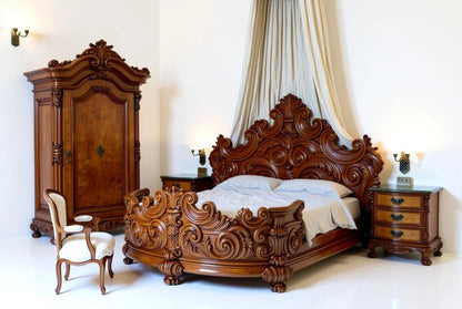 Monarch mahogany solid wood Rococo bedroom suite featuring carved king bed with canopy, wardrobe and elegant nightstands